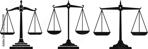 Justice scale silhouette set, legal balance icon, law symbol collection, fairness concept, courtroom graphic, vector illustration, black isolated design