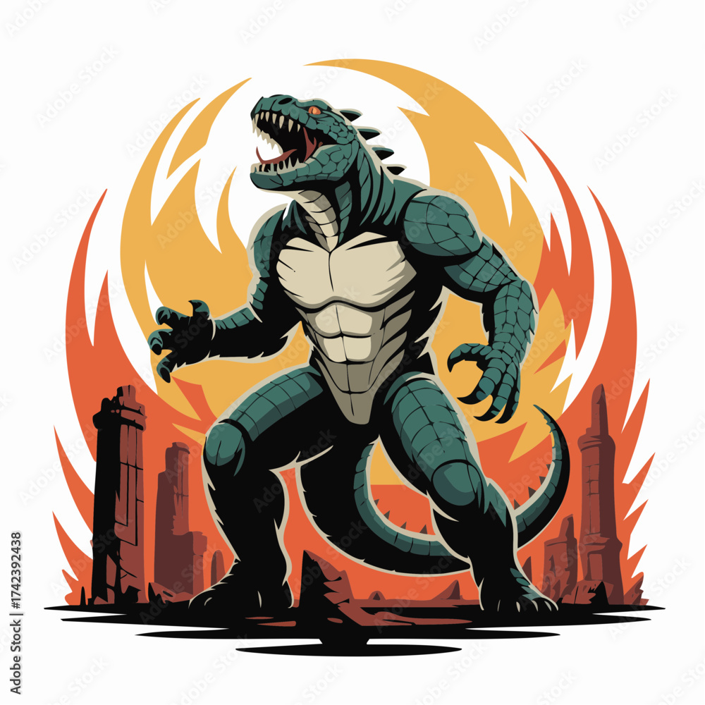 Fototapeta premium Powerful Godzilla-like monster with sharp claws and teeth.