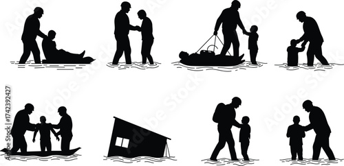 PrintSilhouette illustration of flood rescue operation, emergency evacuation, disaster relief teamwork, saving people, humanitarian aid, natural disaster crisis management, survival support.