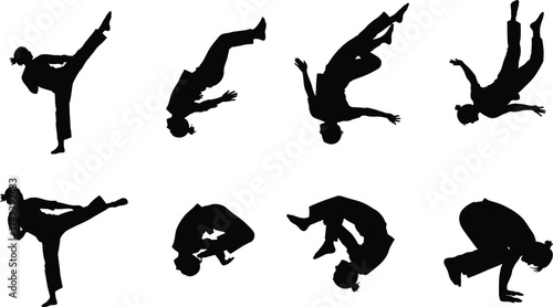 Martial arts silhouette icons, acrobatic movement vector, dynamic pose graphics, black action illustration set, athletic body motion design