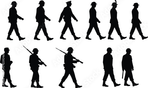 PrintSilhouette illustration of soldiers marching in uniform with rifles, military army troop patrol walking in formation, defense, security, combat training.