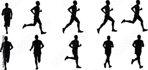 PrintSilhouette male runners jogging and sprinting, fitness athlete training, healthy lifestyle workout, marathon sports exercise, running pose illustration, black