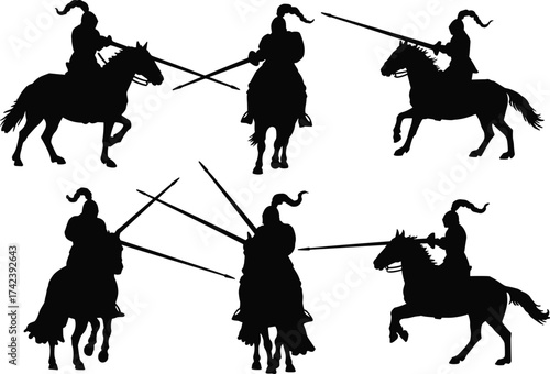 PrintSilhouette medieval knights jousting on horseback with lances, historic warriors in combat, ancient cavalry soldiers, tournament battle scene, medieval war illustration.