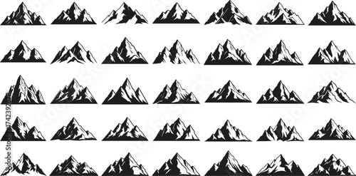 Mountain silhouette icon set, black peaks, rocky landscape shapes, snow-capped designs, nature illustration, outdoor graphic elements, vector collection