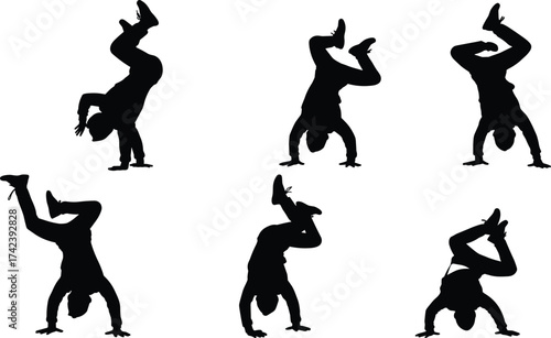 PrintSilhouette of breakdancers performing handstand moves, urban hip hop street dance poses, freestyle balance, acrobatic movement, style, rhythm, performance.
