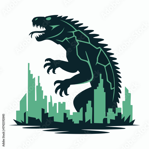 Giant Lizard Monster Silhouette in Cityscape.