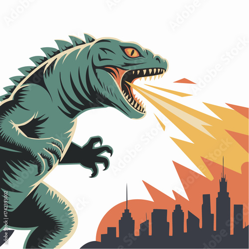 Giant green monster breathing fire destroying city.