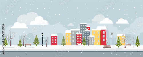 Winter city in snowy weather. Christmas town with falling snow. Winter cityscape with beautiful buildings and houses, vector illustration for Christmas design.