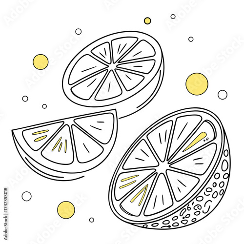 Illustration of lemon slices and juice bubbles