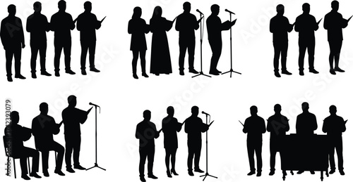 PrintSilhouette of choir group singing with music sheets and microphones, men and women performing together on stage in concert illustration.