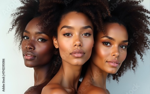 Beauty High fashion models. Beautiful tanned vogue girls, trendy makeup. Different ethnicity Women faces on withe background. Gorgeous Multi-ethnic fashionable ladys. Caucasian and African on white