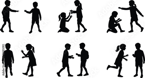 PrintSilhouette of children playing together, kids communication and friendship concept, boy and girl interaction, childhood activity, outdoor fun illustration