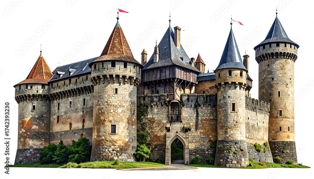Fototapeta premium Medieval castle, stone walls, towers, flags
