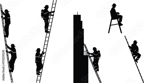PrintSilhouette of firefighters climbing ladder, emergency rescue, building fire safety, firefighter equipment, teamwork operation, firefighter training, high rise rescue mission, emergency response.