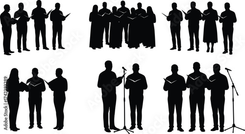 PrintSilhouette of choir singers performing in group with music sheets and microphone, men and women singing together in concert illustration.