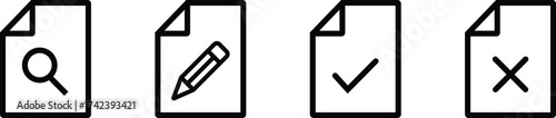 Set of four minimalist icons representing document actions search, edit, checkmark, and cross, isolated on white background