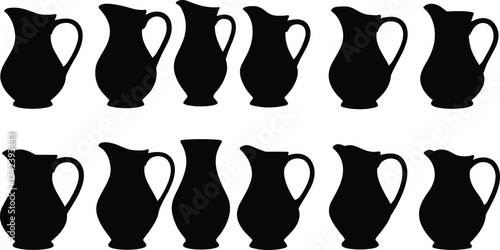 Pitcher silhouette vector set, black jug icons, side view kitchenware, ceramic vessel shapes, home decor graphic, minimalist design clipart