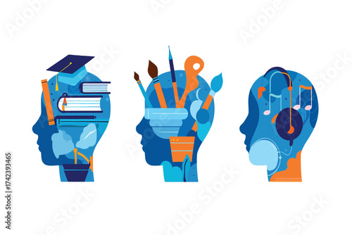 Abstract concept art depicting different areas of knowledge and creativity within human profiles