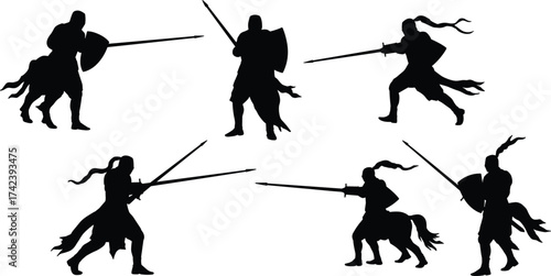PrintSilhouette of medieval knights and warriors with swords, shields, and lances in battle poses, historic combat illustration, medieval fighting figures.