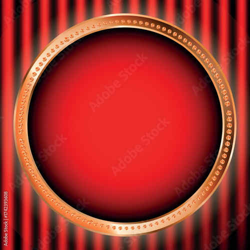 Shining retro light banner on red background with golden elements. Casino poster vintage style. Gold round frame, signboard vintage style. Vector illustration.