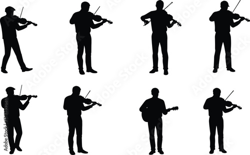 PrintSilhouette of musician playing violin and guitar, black vector illustration of man performing music, classical instrument player, concert, artistic design.