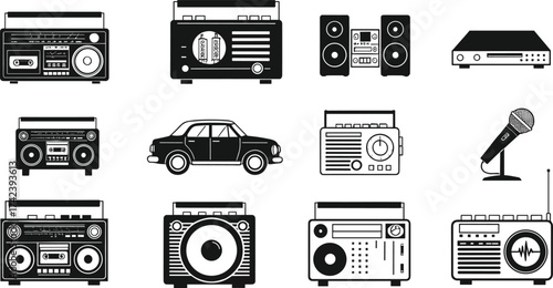 Retro audio icons, vintage electronics, cassette player, radio silhouette, boombox vector, microphone graphic, classic car, speaker set, black illustration