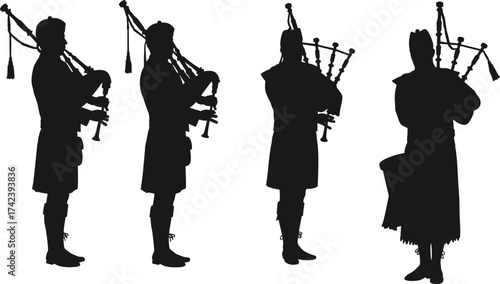 PrintSilhouette of traditional bagpipe musicians playing Scottish music, cultural performance, folk heritage, musical instrument, bagpiper in kilt, traditional Scottish festival.