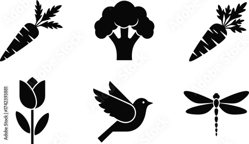 Silhouette, nature, vector, illustration, black, minimal, design, carrot, broccoli, tulip, bird, dragonfly, icon, garden, vegetable, flower, animal, graphic, stock, set