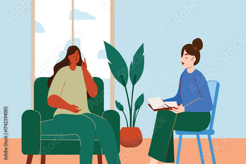 Psychotherapy session illustration with a woman talking to a female psychologist