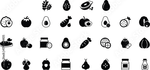 Healthy fruits and vegetables icon set, organic food symbols collection, nutrition supplement vector, wellness and diet illustration pack, black silhouette design