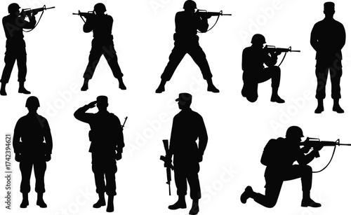 Soldier silhouette icons, military poses vector, armed forces graphics, black combat stances, tactical illustration set, defense symbol design