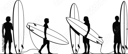 Surfer silhouettes with surfboards, beach lifestyle, standing poses, surfboard interaction, coastal sport, summer vibe, ocean culture, black background art