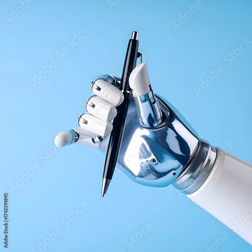 A shiny metallic robot hand grips a black pen, symbolizing the power of artificial intelligence in writing, journalism, and education