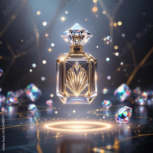 Luxurious crystal perfume bottle with diamond shape cap glowing gems 