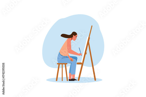 Artist painting on a canvas with easel and stool