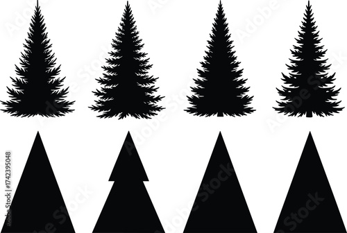 Tree silhouette, coniferous design, geometric trees, vector illustration, forest icon, stylized nature, black shapes, minimal style, abstract foliage, stock graphic