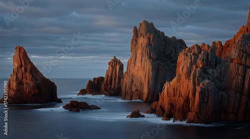 Dramatic sunset light illuminates rugged coastal rock formations against a stormy sea