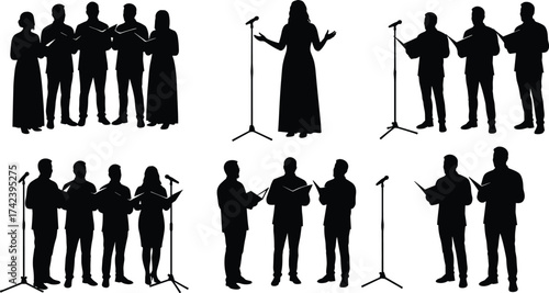 PrintSilhouettes of choir singers performing with microphones, group of people singing together in harmony, concert performance, vocal music illustration