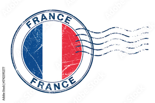 Circular french flag postage stamp with postmark
