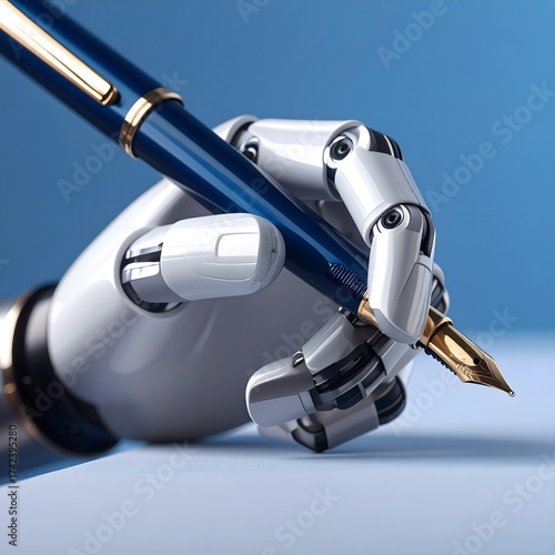 Futuristic cyborg hand holding an elegant fountain pen, blending classic writing with advanced artificial intelligence technology