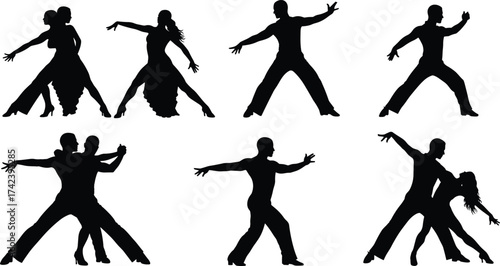 PrintSilhouettes of dancers performing ballroom and Latin dance poses, couple and solo dance figures, artistic movement illustration, performance, choreography, elegance