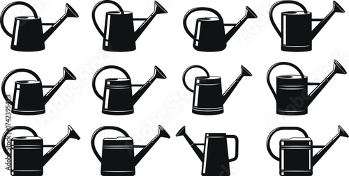 Watering, can, silhouette, vector, illustration, black, white, garden, tool, spout, handle, design, minimal, set, equipment, graphic, plant, container, stock, style