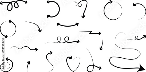 Collection of handdrawn arrow icons in various styles and directions, isolated on white background