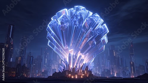 Mesmerizing futuristic city skyline at twilight, dominated by a colossal, glowing crystal energy core radiating vibrant light, an emblematic symbol of advanced technology and urban innovation