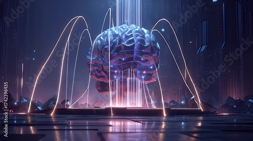 Abstract digital brain with glowing neural connections, visualizing artificial intelligence, machine learning, and data processing in a futuristic, high-tech environment