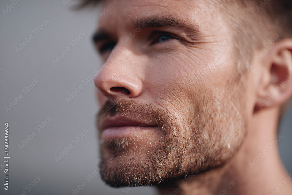 Fototapeta premium Intense portrait of a handsome man looking towards the light, conveying determination and focus. Excellent for depicting leadership, aspiration, or personal development themes.