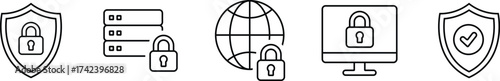 Set of five security icons including shield with padlock, server rack with padlock, globe with padlock, computer monitor with padlock, and shield with checkmark, isolated on white background