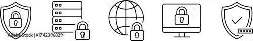 Set of five security icons including shield with padlock, server rack with padlock, globe with padlock, computer monitor with padlock, and shield with checkmark, isolated on white background