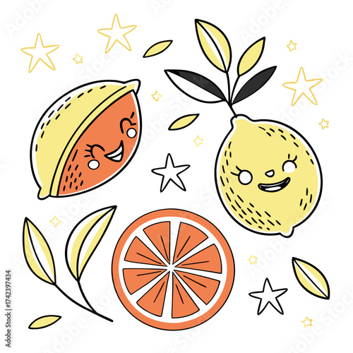 Cute citrus fruits with faces and stars