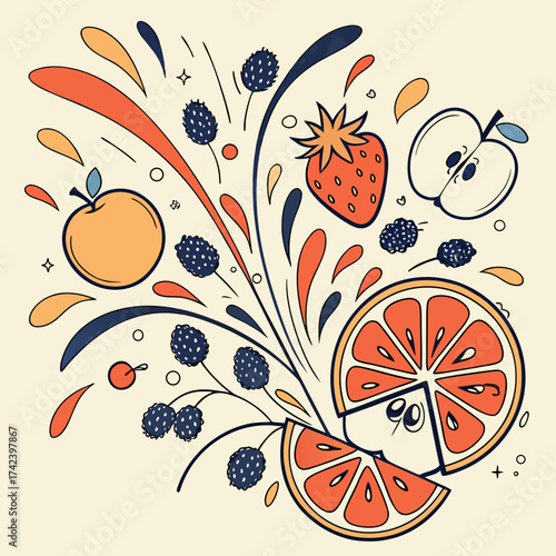Colorful fruit explosion with orange, strawberry, apple, and blackberries